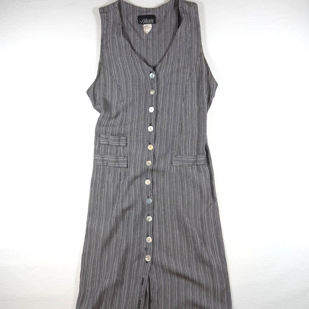 Vintage 90s Black White Check Midi Dress Lace Up Corset Back Made USA